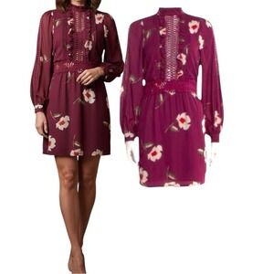 Free people Burgundy Floral Lace Trim Long Sleeve Mock Neck Dress Women's Size M